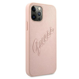 Guess Saffiano Vintage Script dėklas, skirtas iPhone 12 Pro Max – rožinis