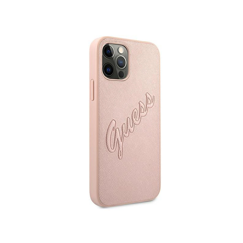 Guess Saffiano Vintage Script dėklas, skirtas iPhone 12 Pro Max – rožinis
