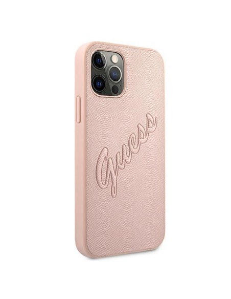 Guess Saffiano Vintage Script dėklas, skirtas iPhone 12 Pro Max – rožinis