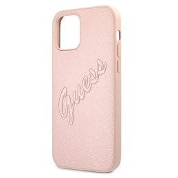 Guess Saffiano Vintage Script dėklas, skirtas iPhone 12 Pro Max – rožinis