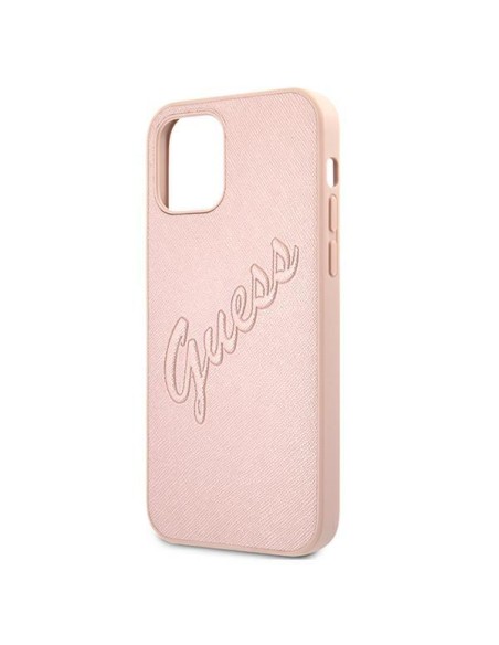 Guess Saffiano Vintage Script dėklas, skirtas iPhone 12 Pro Max – rožinis