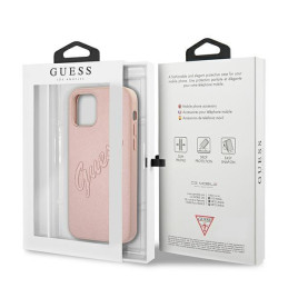Guess Saffiano Vintage Script dėklas, skirtas iPhone 12 Pro Max – rožinis