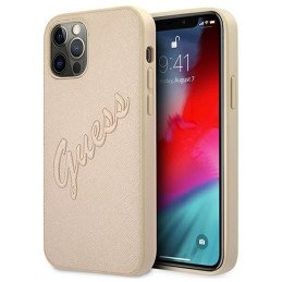 Guess Saffiano Vintage Script dėklas, skirtas iPhone 12 / iPhone 12 Pro - auksinis