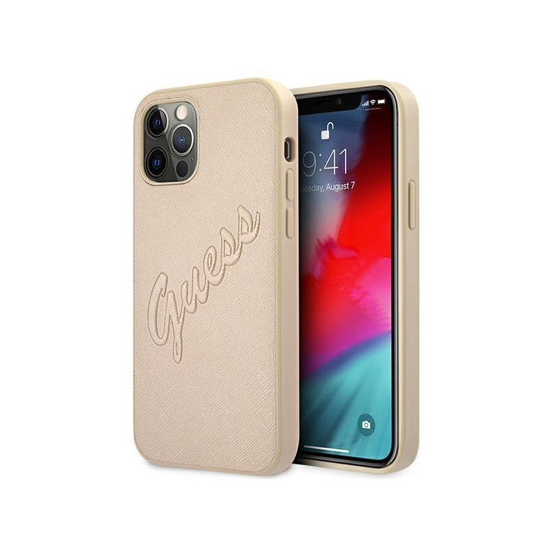 Guess Saffiano Vintage Script dėklas, skirtas iPhone 12 / iPhone 12 Pro - auksinis Guess Saffiano Vintage Script dėklas, skirtas iPhone 12 / iPhone 12 Pro - auksinis