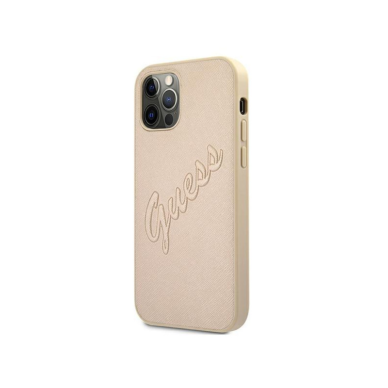 Guess Saffiano Vintage Script dėklas, skirtas iPhone 12 / iPhone 12 Pro - auksinis