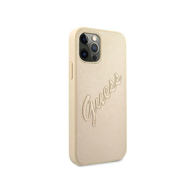 Guess Saffiano Vintage Script dėklas, skirtas iPhone 12 / iPhone 12 Pro - auksinis