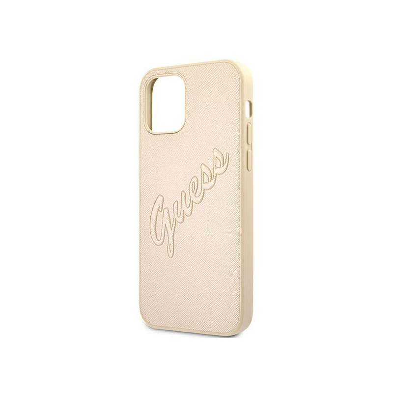Guess Saffiano Vintage Script dėklas, skirtas iPhone 12 / iPhone 12 Pro - auksinis
