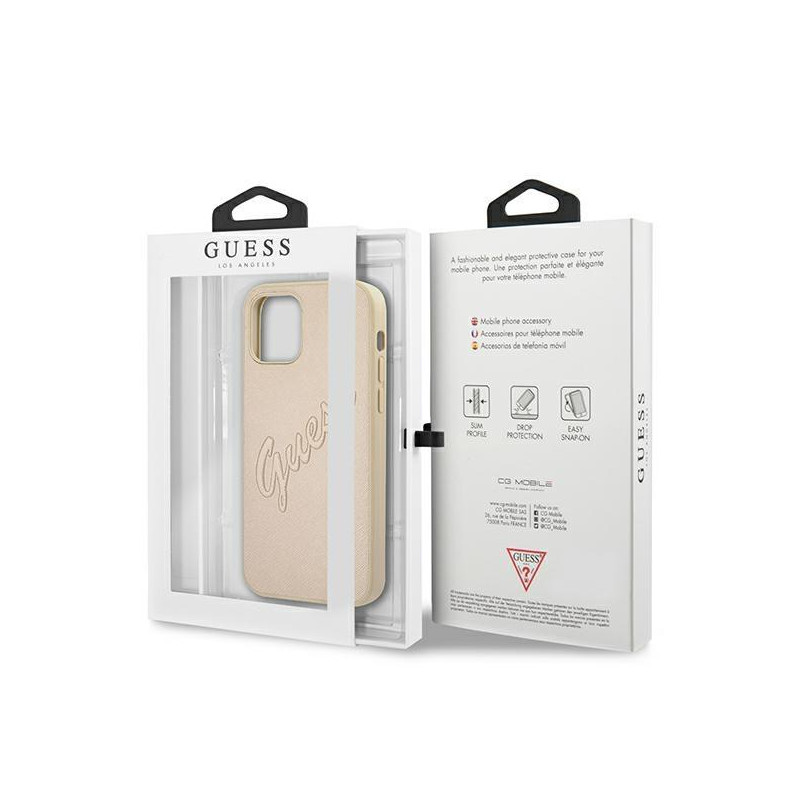 Guess Saffiano Vintage Script dėklas, skirtas iPhone 12 / iPhone 12 Pro - auksinis