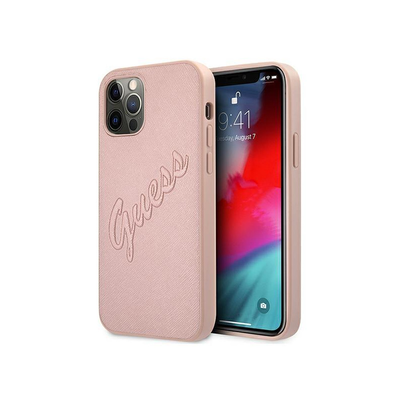 Guess Saffiano Vintage Script dėklas, skirtas iPhone 12 / iPhone 12 Pro - rožinis Guess Saffiano Vintage Script dėklas, skirtas iPhone 12 / iPhone 12 Pro - rožinis