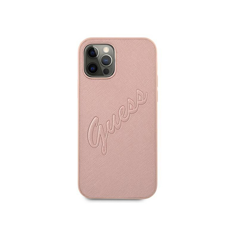Guess Saffiano Vintage Script dėklas, skirtas iPhone 12 / iPhone 12 Pro - rožinis