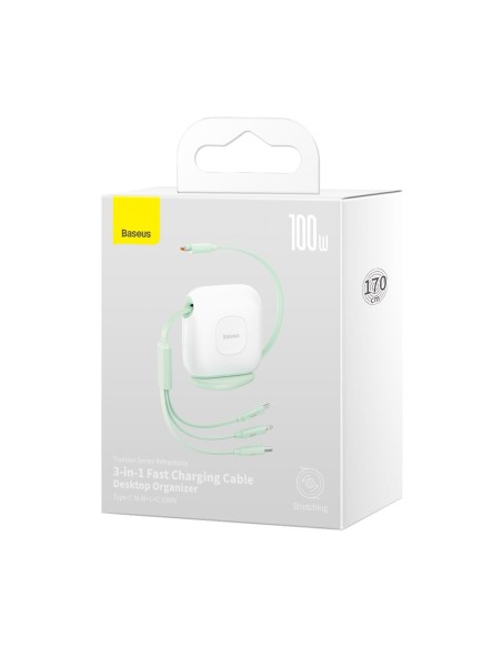 Kabelis ištraukiamas 3in1 USB-C microUSB iPhone Lightning 1,7m žalias Kabelis ištraukiamas 3in1 USB-C microUSB iPhone Lightning 1,7m žalias