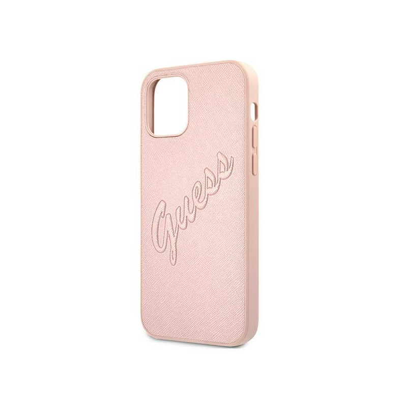 Guess Saffiano Vintage Script dėklas, skirtas iPhone 12 / iPhone 12 Pro - rožinis