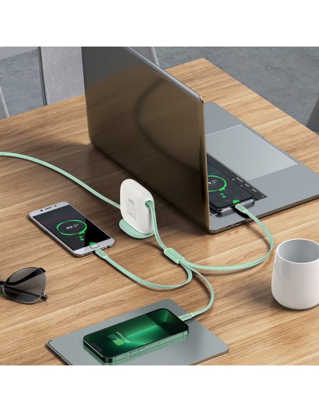 Kabelis ištraukiamas 3in1 USB-C microUSB iPhone Lightning 1,7m žalias Kabelis ištraukiamas 3in1 USB-C microUSB iPhone Lightning 1,7m žalias
