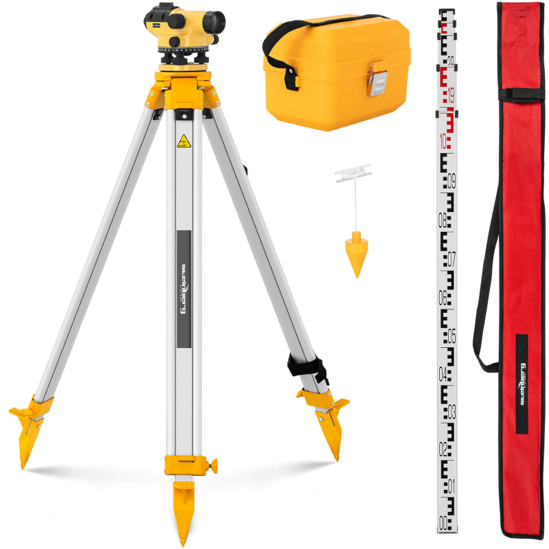 Optinis savaime išsilyginantis nivelyras su trikoju ir lazdele – padidinimas 32x sk. 38 mm