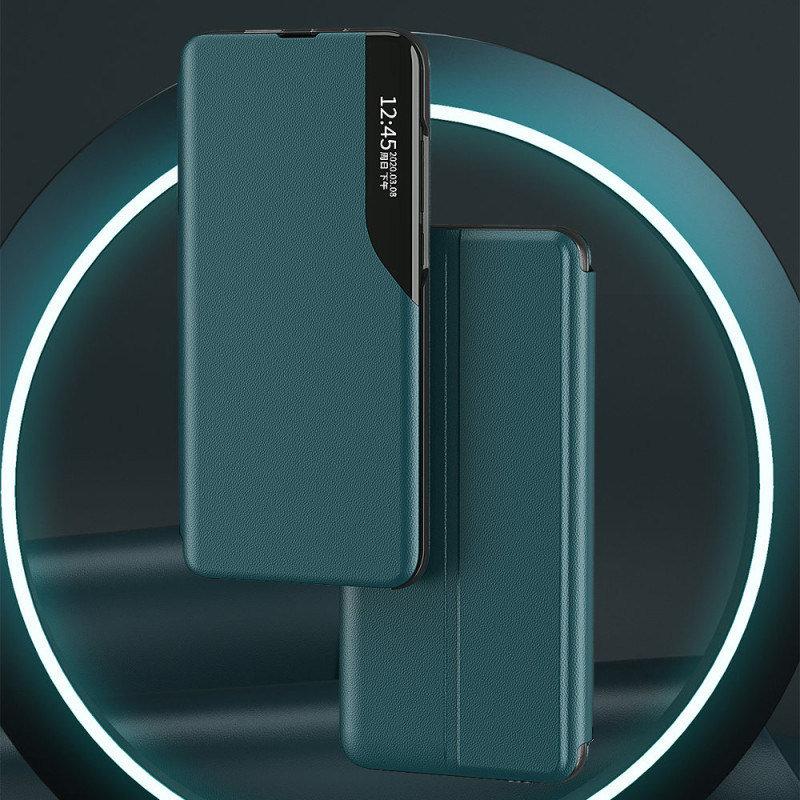 Elegantiškas Eco Leather View Case dėklas su atverčiamu dangteliu ir stovo funkcija, skirta Samsung Galaxy A22 4G mėlyna...