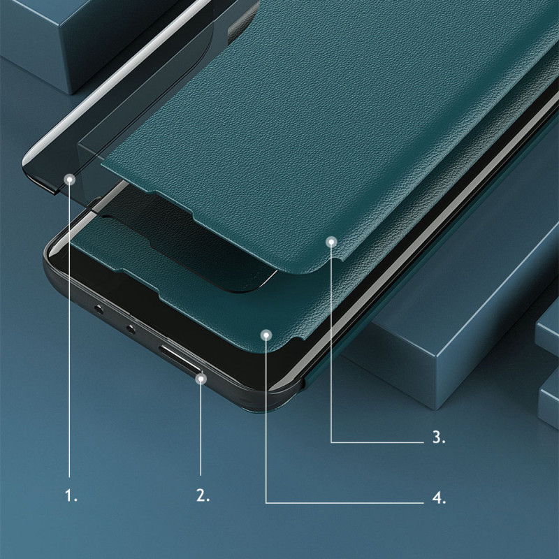 Elegantiškas Eco Leather View Case dėklas su atverčiamu dangteliu ir stovo funkcija, skirta Samsung Galaxy A22 4G mėlyna...