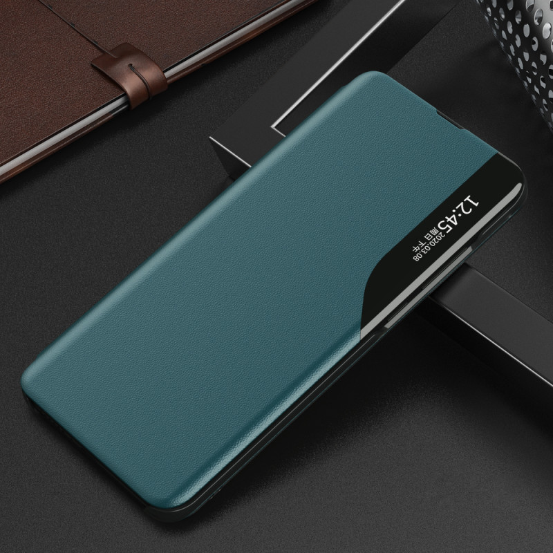 Elegantiškas Eco Leather View Case dėklas su atverčiamu dangteliu ir stovo funkcija, skirta Samsung Galaxy A22 4G green