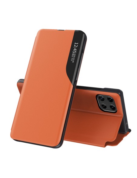 Eco Leather View Case elegantiškas dėklas su atvartu ir stovo funkcija, skirta Samsung Galaxy A22 4G oranžiniam telefonu...