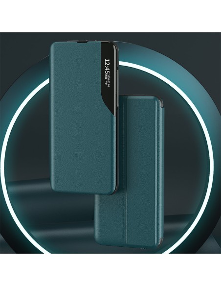 Eco Leather View Case elegantiškas dėklas su atvartu ir stovo funkcija, skirta Samsung Galaxy A22 4G oranžiniam telefonu...