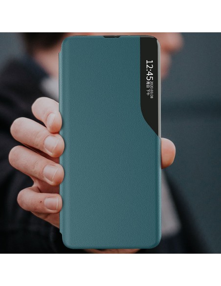 Eco Leather View Case elegantiškas dėklas su atvartu ir stovo funkcija, skirta Samsung Galaxy A22 4G oranžiniam telefonu...