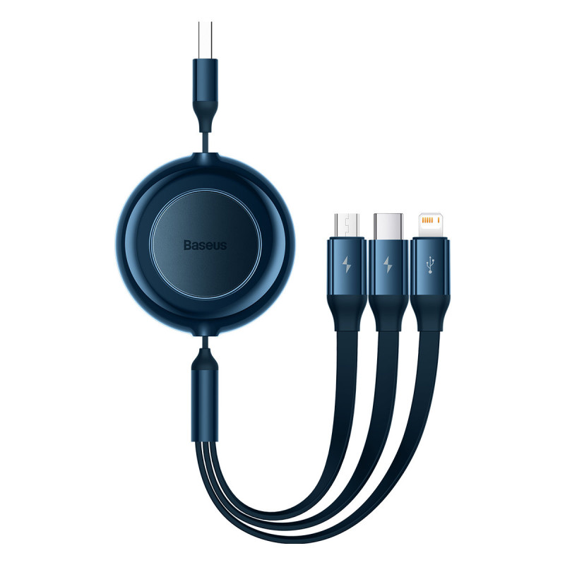 Bright Mirror 2 kabelis 3in1 kabelis A tipo USB microUSB + iPhone Lightning + USB-C 3.5A 1.1m mėlynas