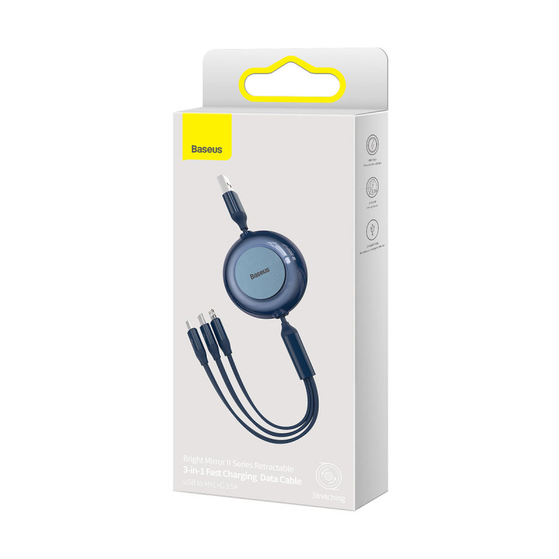Bright Mirror 2 kabelis 3in1 kabelis A tipo USB microUSB + iPhone Lightning + USB-C 3.5A 1.1m mėlynas
