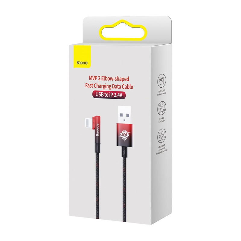 Kampinis kabelio laidas su šonine USB kištuku Iphone Lightning 1m 2.4A raudona