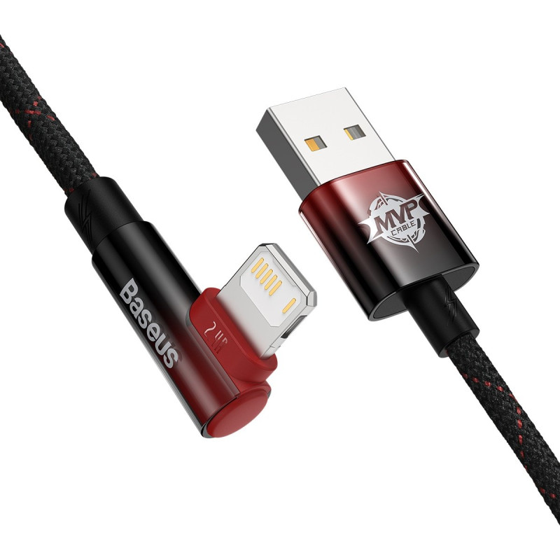 Kampinis kabelio laidas su šonine USB kištuku Iphone Lightning 1m 2.4A raudona