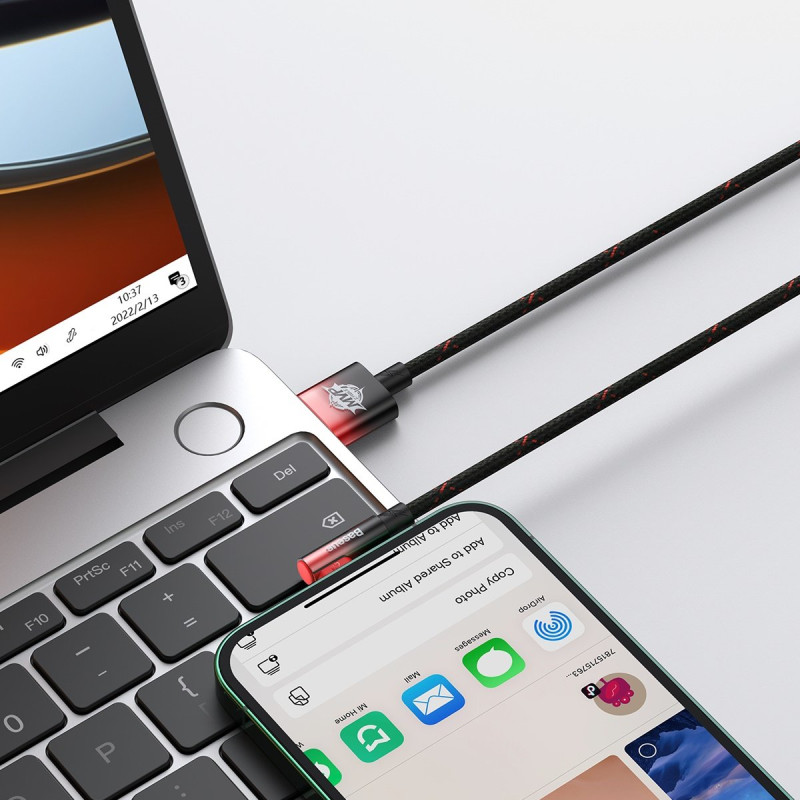 Kampinis kabelio laidas su šonine USB kištuku Iphone Lightning 1m 2.4A raudona