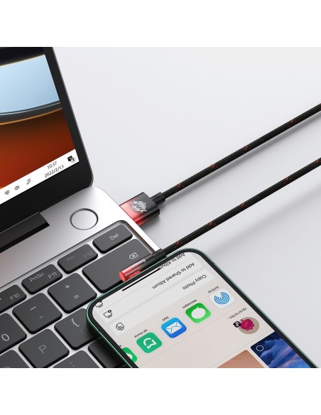 Kampinis kabelio laidas su šonine USB kištuku Iphone Lightning 1m 2.4A raudona Kampinis kabelio laidas su šonine USB kištuku Iphone Lightning 1m 2.4A raudona