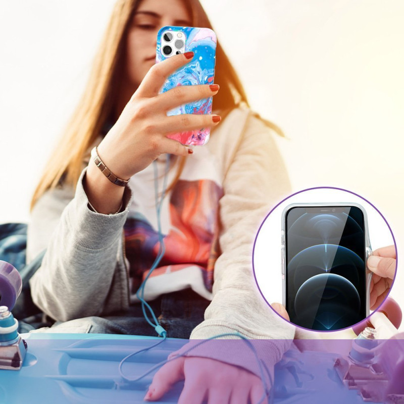 Spalvingas Kingxbar Watercolor serijos dėklas, skirtas iPhone 12 Pro Max mėlynai rožinis