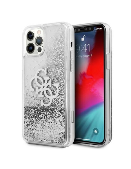 Guess 4G Big Liquid Glitter dėklas iPhone 12 Pro Max - sidabrinis Guess 4G Big Liquid Glitter dėklas iPhone 12 Pro Max - sidabrinis