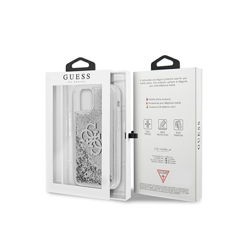 Guess 4G Big Liquid Glitter dėklas iPhone 12 Pro Max - sidabrinis
