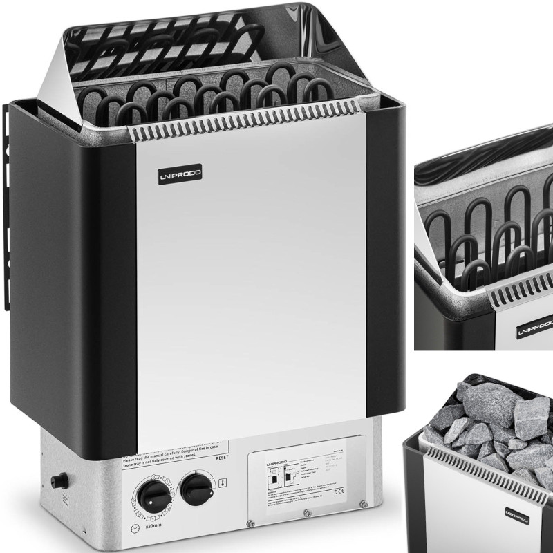 Elektrinė pirties krosnelė su įmontuotu valdymu 8-12 m3 iki 110C 400 V 8 kW sidabrinė-juoda