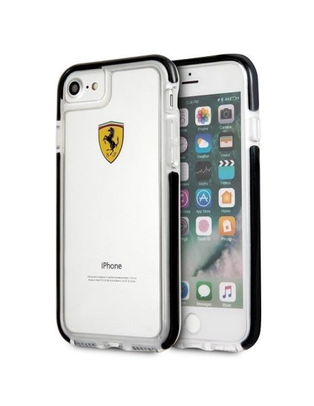 Ferrari smūgiams atsparus dėklas iPhone 7 / 8 / SE 2020 / SE 2022 - skaidrus ir juodas Ferrari smūgiams atsparus dėklas iPhone 7 / 8 / SE 2020 / SE 2022 - skaidrus ir juodas
