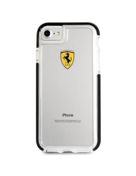 Ferrari smūgiams atsparus dėklas iPhone 7 / 8 / SE 2020 / SE 2022 - skaidrus ir juodas Ferrari smūgiams atsparus dėklas iPhone 7 / 8 / SE 2020 / SE 2022 - skaidrus ir juodas