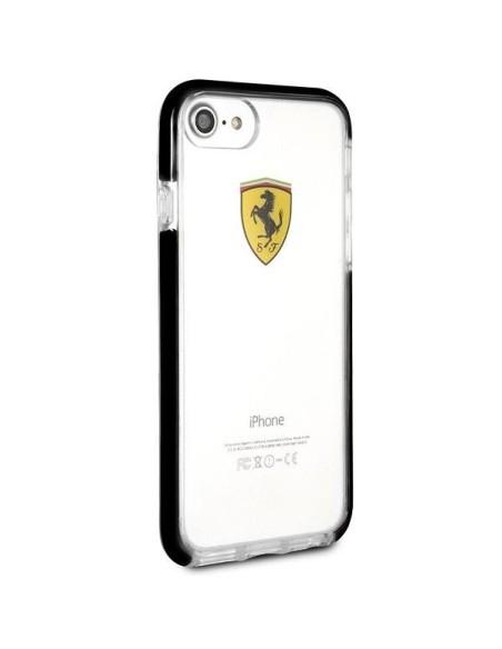 Ferrari smūgiams atsparus dėklas iPhone 7 / 8 / SE 2020 / SE 2022 - skaidrus ir juodas Ferrari smūgiams atsparus dėklas iPhone 7 / 8 / SE 2020 / SE 2022 - skaidrus ir juodas