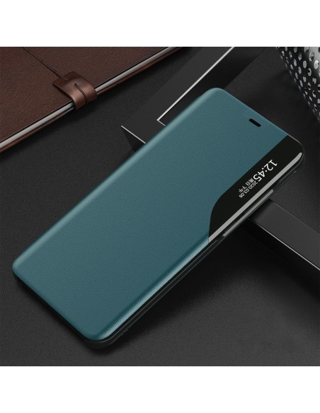 Elegantiškas Eco Leather View Case dėklas su atvartu ir stovo funkcija, skirtas iPhone 13 Pro Max žaliam