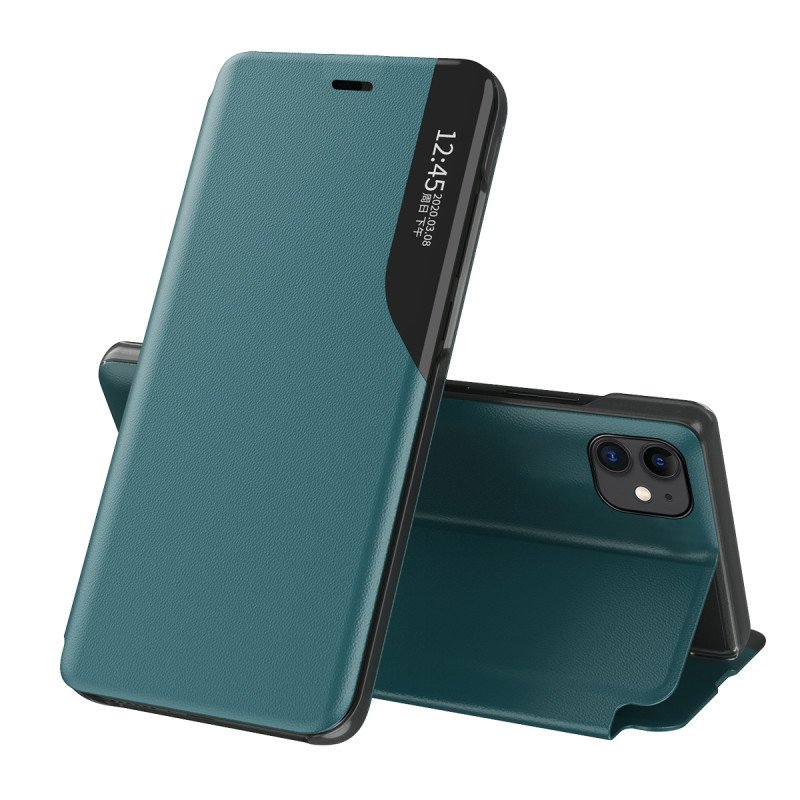 Eco Leather View Case, elegantiškas dėklas su atvartu ir stovo funkcija, skirtas iPhone 13 Pro, žalias Eco Leather View Case, elegantiškas dėklas su atvartu ir stovo funkcija, skirtas iPhone 13 Pro, žalias