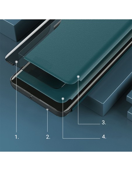 Eco Leather View Case, elegantiškas dėklas su atvartu ir stovo funkcija, skirtas iPhone 13 Pro, žalias