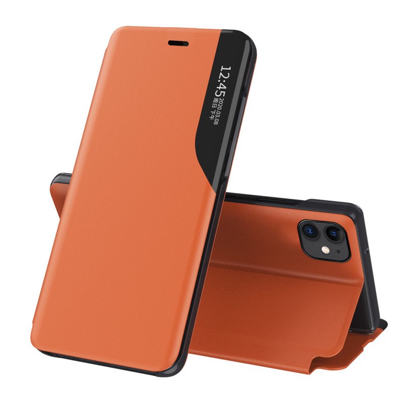 Eco Leather View Case, elegantiškas dėklas su atvartu ir stovo funkcija, skirtas iPhone 13, oranžinis Eco Leather View Case, elegantiškas dėklas su atvartu ir stovo funkcija, skirtas iPhone 13, oranžinis