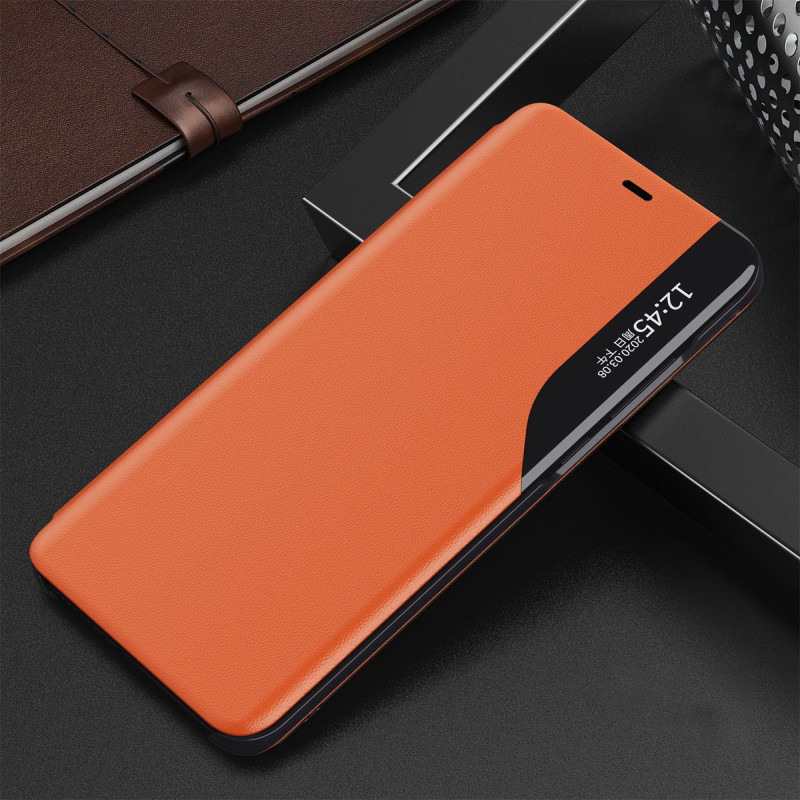 Eco Leather View Case, elegantiškas dėklas su atvartu ir stovo funkcija, skirtas iPhone 13, oranžinis