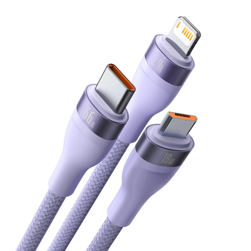 3in1 USB greito įkrovimo laidas USB-C mikro-USB iPhone Lightning 1,2m violetinė