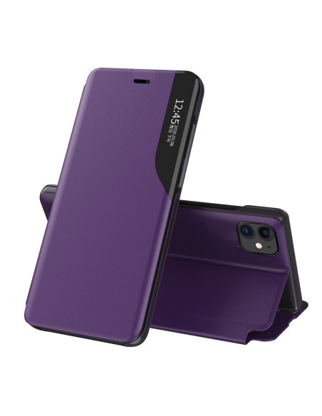 Elegantiškas Eco Leather View Case dėklas su atvartu ir stovo funkcija skirta iPhone 13 mini violetinei