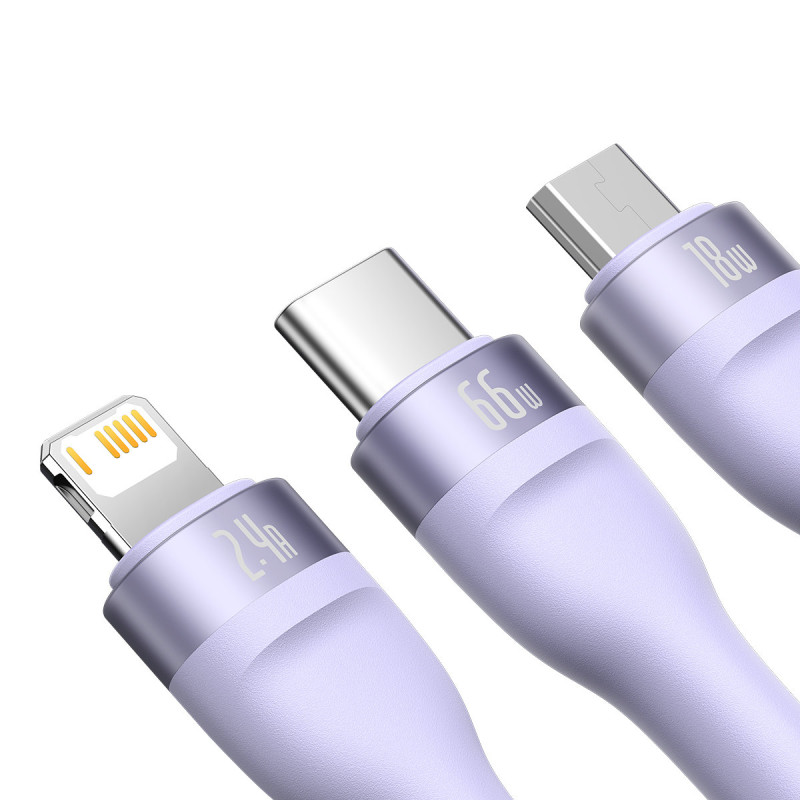 3in1 USB greito įkrovimo laidas USB-C mikro-USB iPhone Lightning 1,2m violetinė