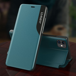 Elegantiškas Eco Leather View Case dėklas su atvartu ir stovo funkcija skirta iPhone 13 mini violetinei