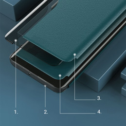 Elegantiškas Eco Leather View Case dėklas su atvartu ir stovo funkcija skirta iPhone 13 mini violetinei
