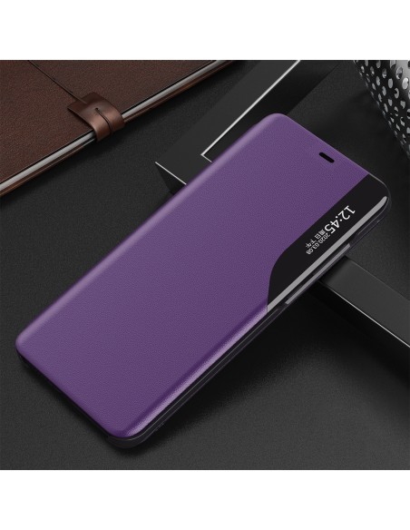 Elegantiškas Eco Leather View Case dėklas su atvartu ir stovo funkcija skirta iPhone 13 mini violetinei