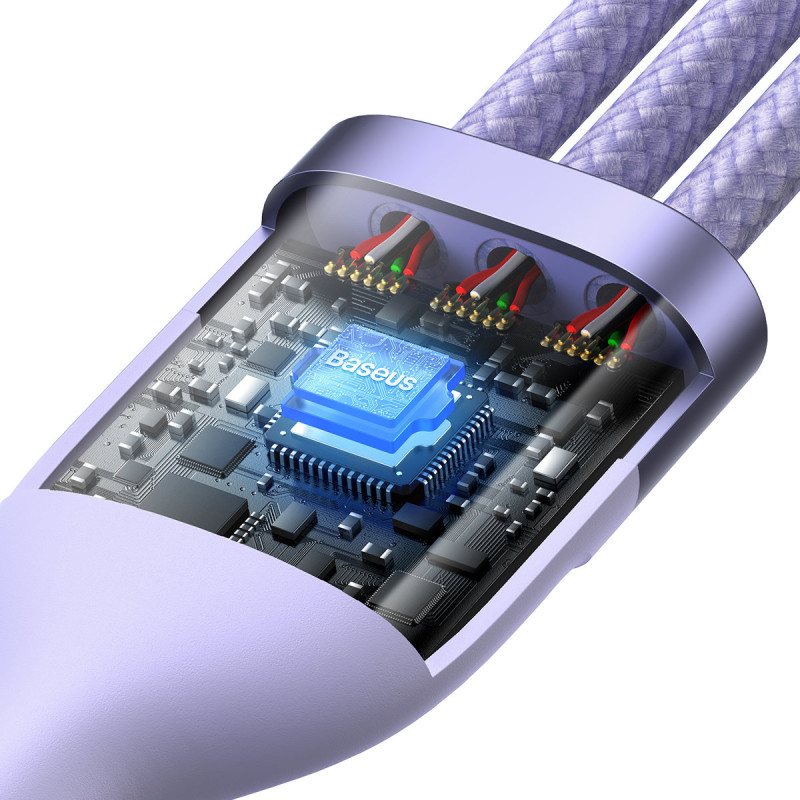 3in1 USB greito įkrovimo laidas USB-C mikro-USB iPhone Lightning 1,2m violetinė