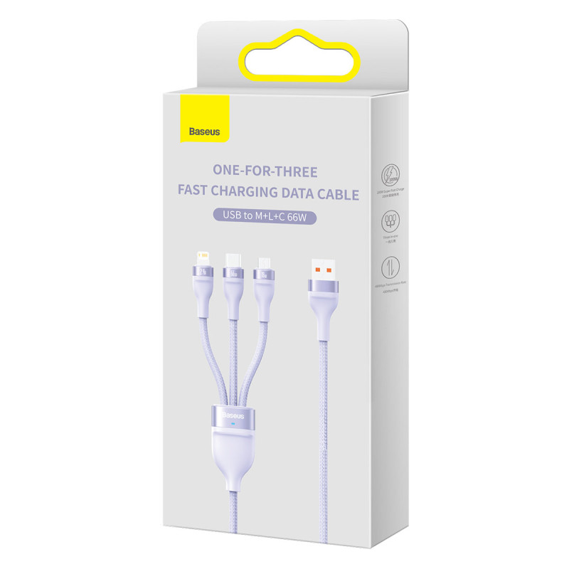 3in1 USB greito įkrovimo laidas USB-C mikro-USB iPhone Lightning 1,2m violetinė